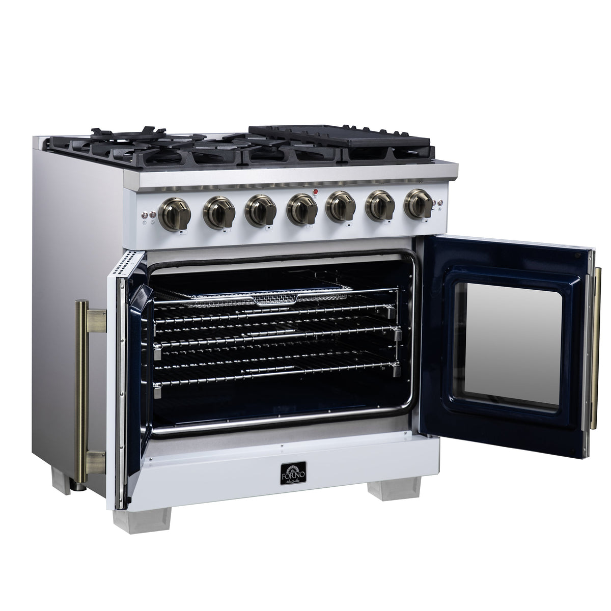 Forno Capriasca 36-Inch Gas Range FFSGS6460-36 – White – Gas Range FFSGS6460 36WHT Left Angle Opened 2025 08 04