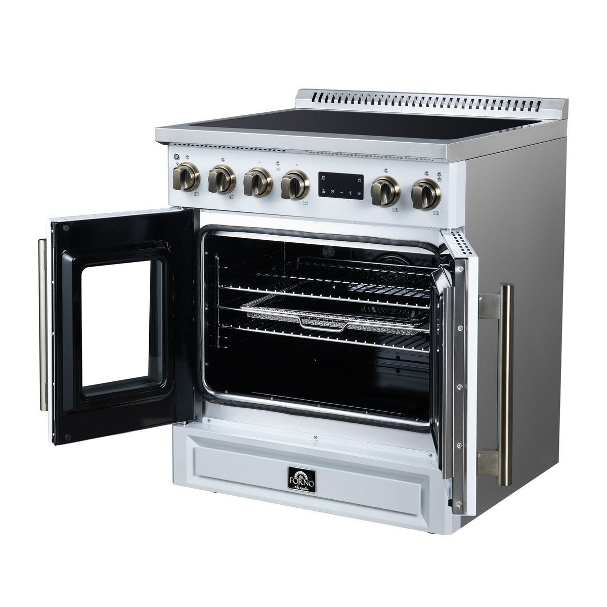 Forno Torino 30-Inch Induction Range FFSIN0950-30 – White – Induction Range FFSIN0950 30WHT Right Angle Opened 2026 05 27