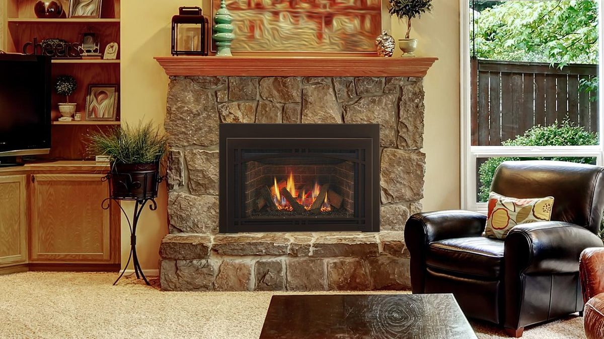 Majestic Ruby direct vent gas fireplace insert with New Bronze front
