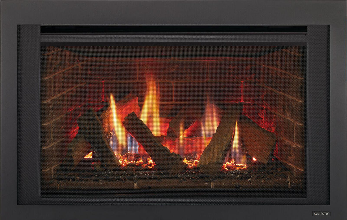 Majestic Ruby 25 gas insert with traditional brick interior and Clean Screen front