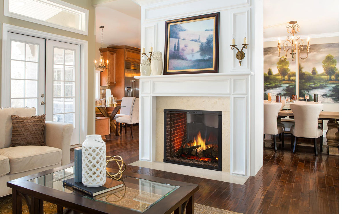 Majestic Marquis II see-through gas fireplace with tavern brown brick interior and black front