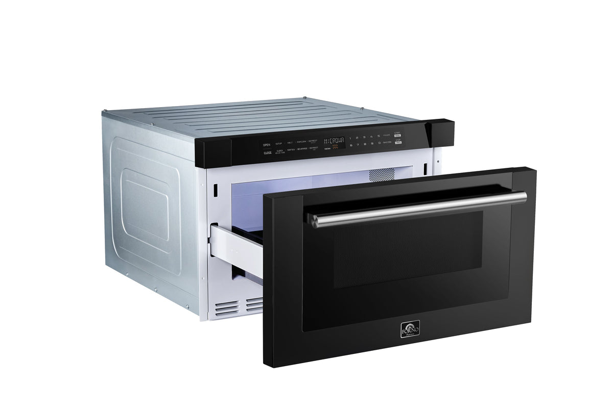 Forno Capoliveri 24-Inch Microwave Drawer FMWDR3000-24 – Black – Microwave FMWDR3000 24BLK 2024 08 Angled Left Door Open V1
