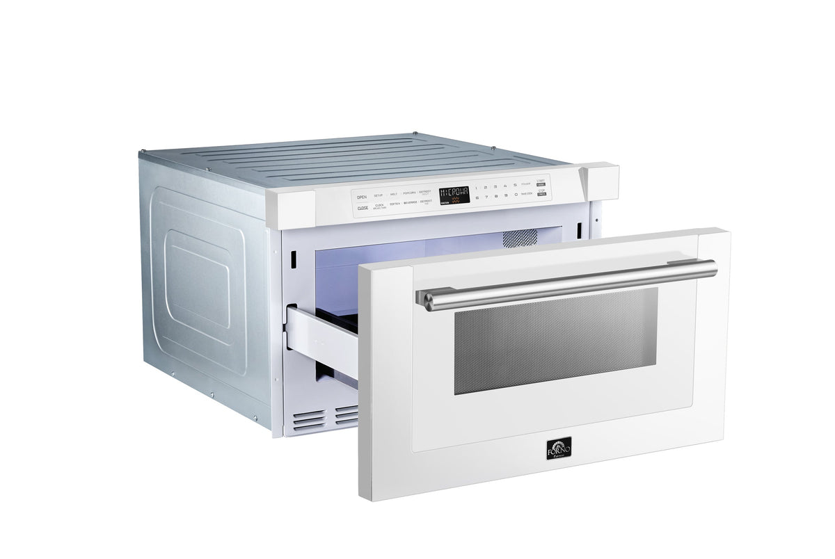Forno Capoliveri 24-Inch Microwave Drawer FMWDR3000-24 – White – Microwave FMWDR3000 24WHT 2024 08 Angled Left Door Open V1