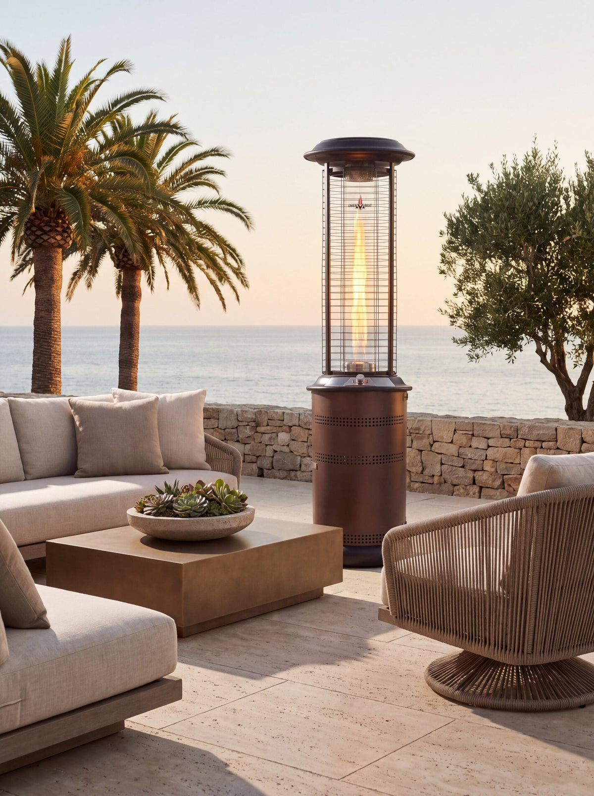 Lava Heat Italia Milano patio heater in Heritage Bronze - outdoor setting