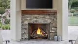 Majestic Courtyard 36 outdoor gas fireplace in a brick hearth on a patio