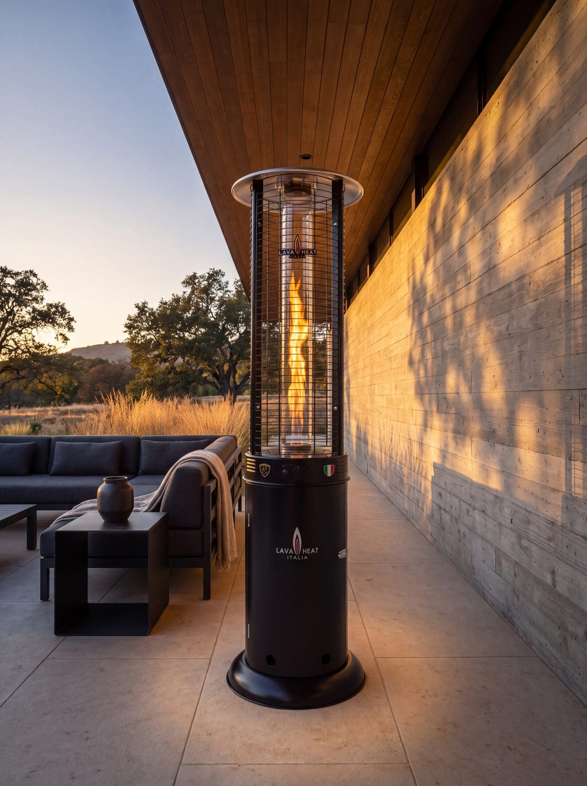Lava Heat Italia Opus Lite patio heater in Hammered Black - outdoor setting