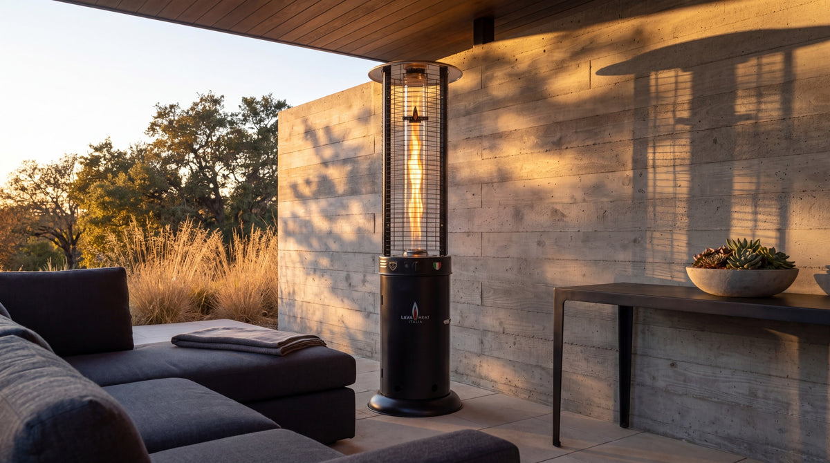 Lava Heat Italia Opus Lite patio heater in Hammered Black - outdoor setting