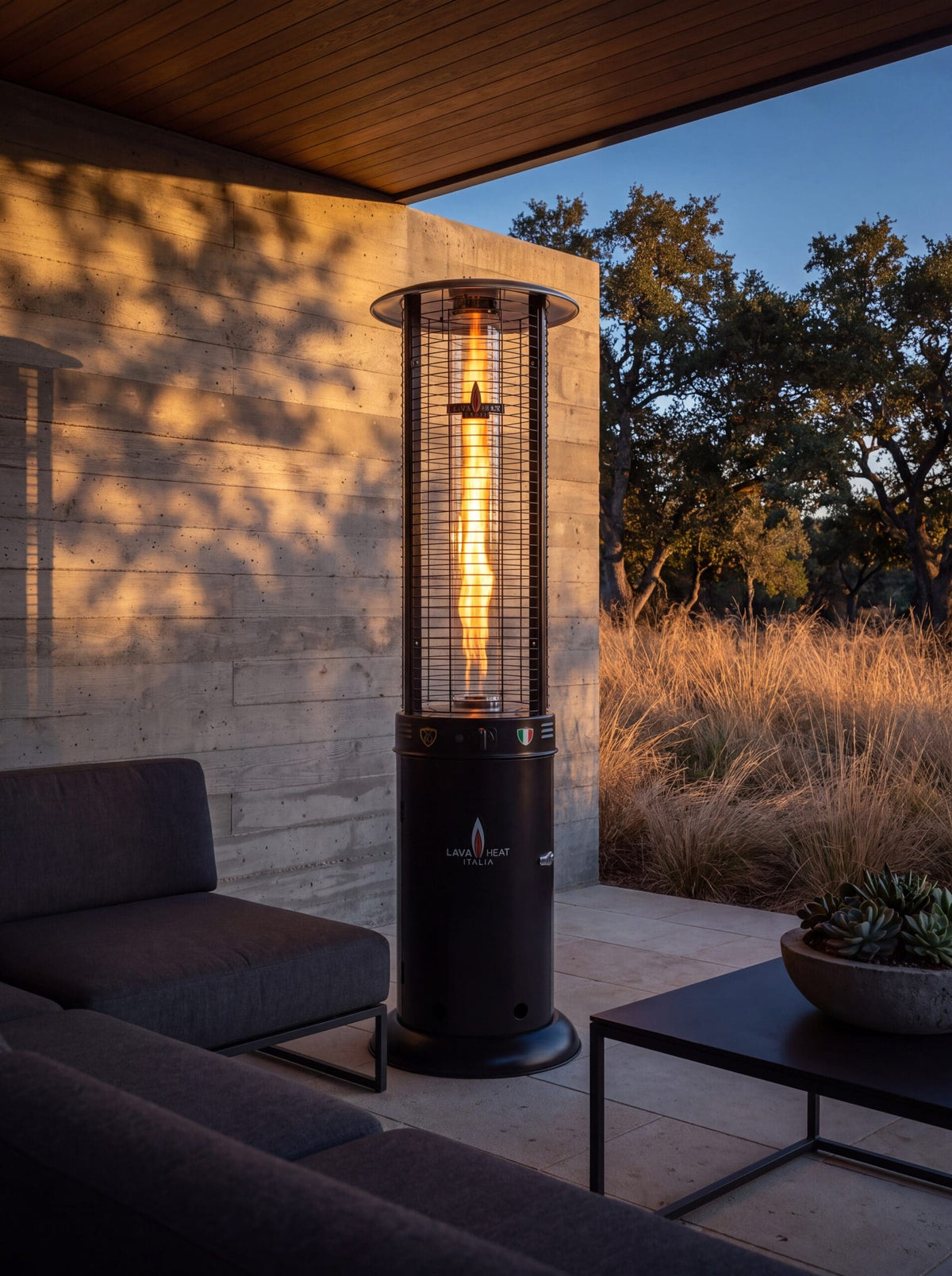 Lava Heat Italia Opus patio heater in Hammered Black - outdoor setting