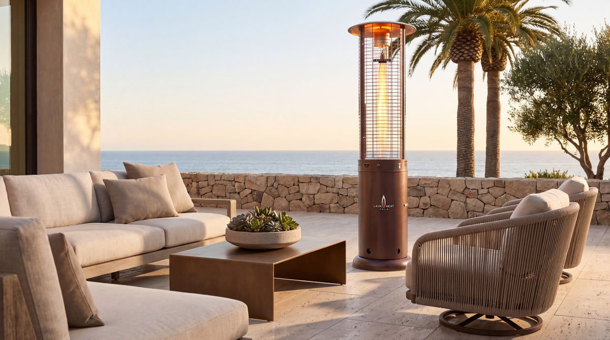 Lava Heat Italia Opus Lite patio heater in Heritage Bronze - outdoor setting