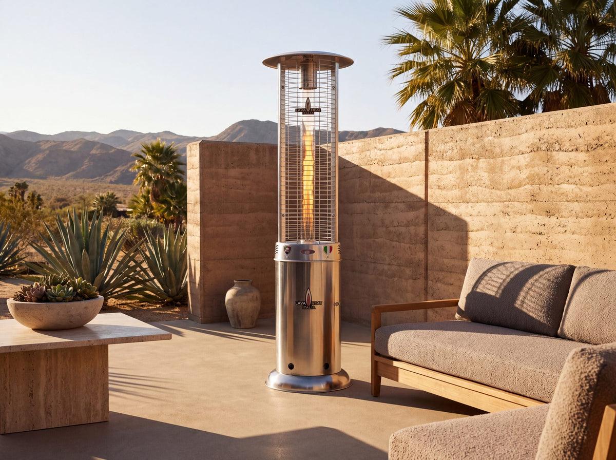 Lava Heat Italia Opus patio heater in Stainless Steel - outdoor setting