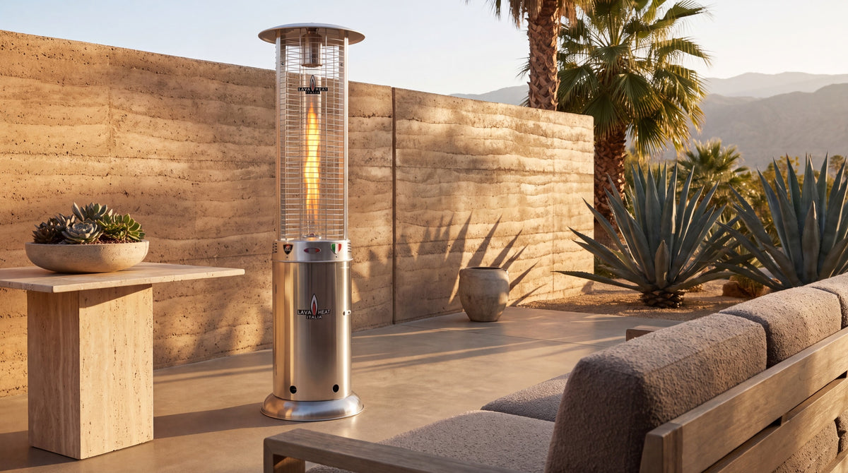 Lava Heat Italia Opus Lite patio heater in Stainless Steel - outdoor setting