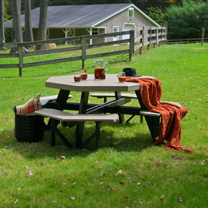 Luxcraft Octagon picnic table with integrated benches on a lawn