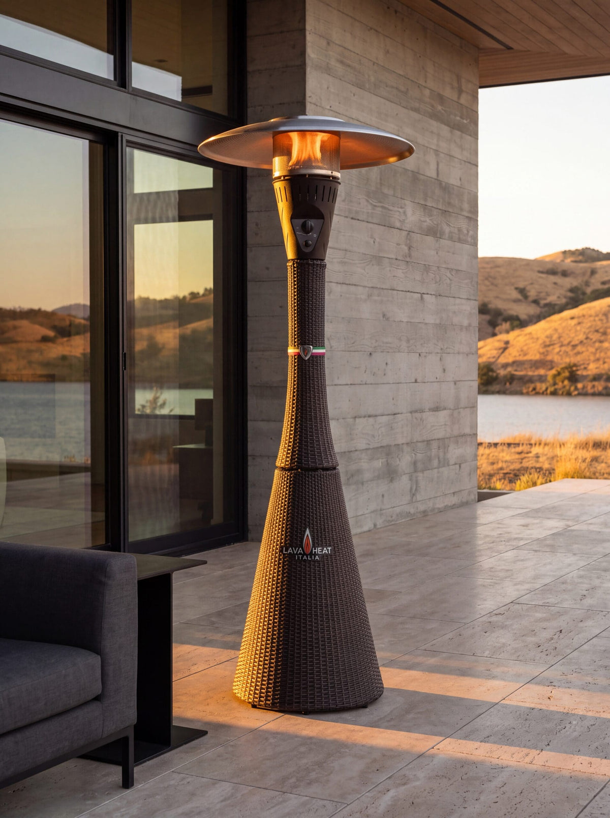 Lava Heat Italia Palermo patio heater in Charcoal Rattan - outdoor setting