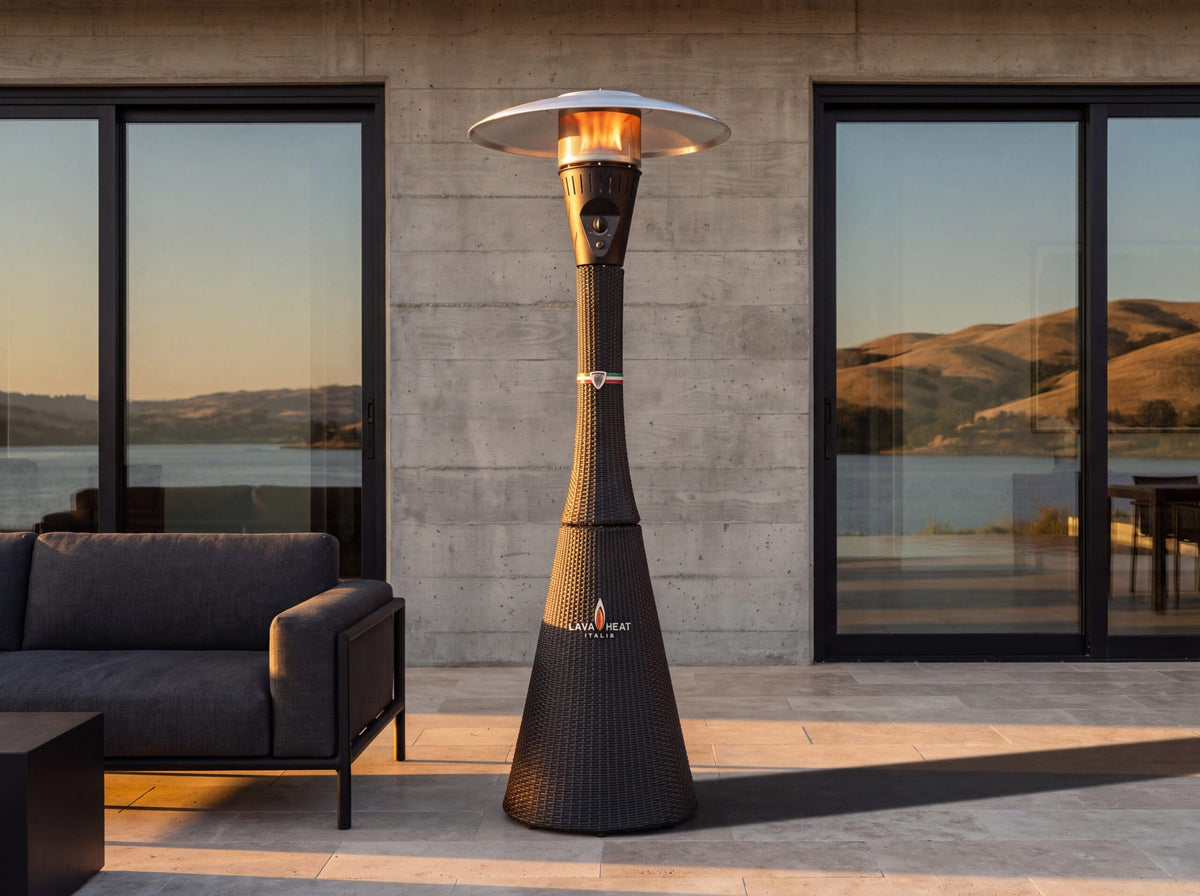Lava Heat Italia Palermo patio heater in Charcoal Rattan - outdoor setting