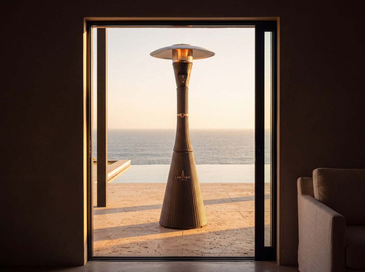 Lava Heat Italia Palermo patio heater in Walnut Rattan - outdoor setting