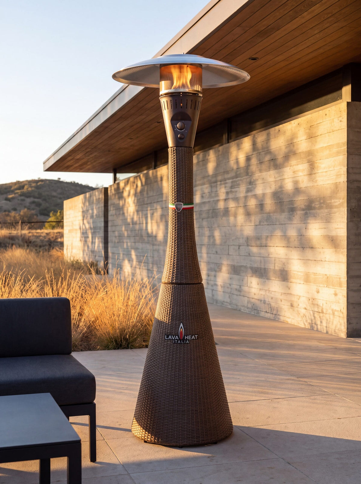 Lava Heat Italia Palermo patio heater in Walnut Rattan - outdoor setting
