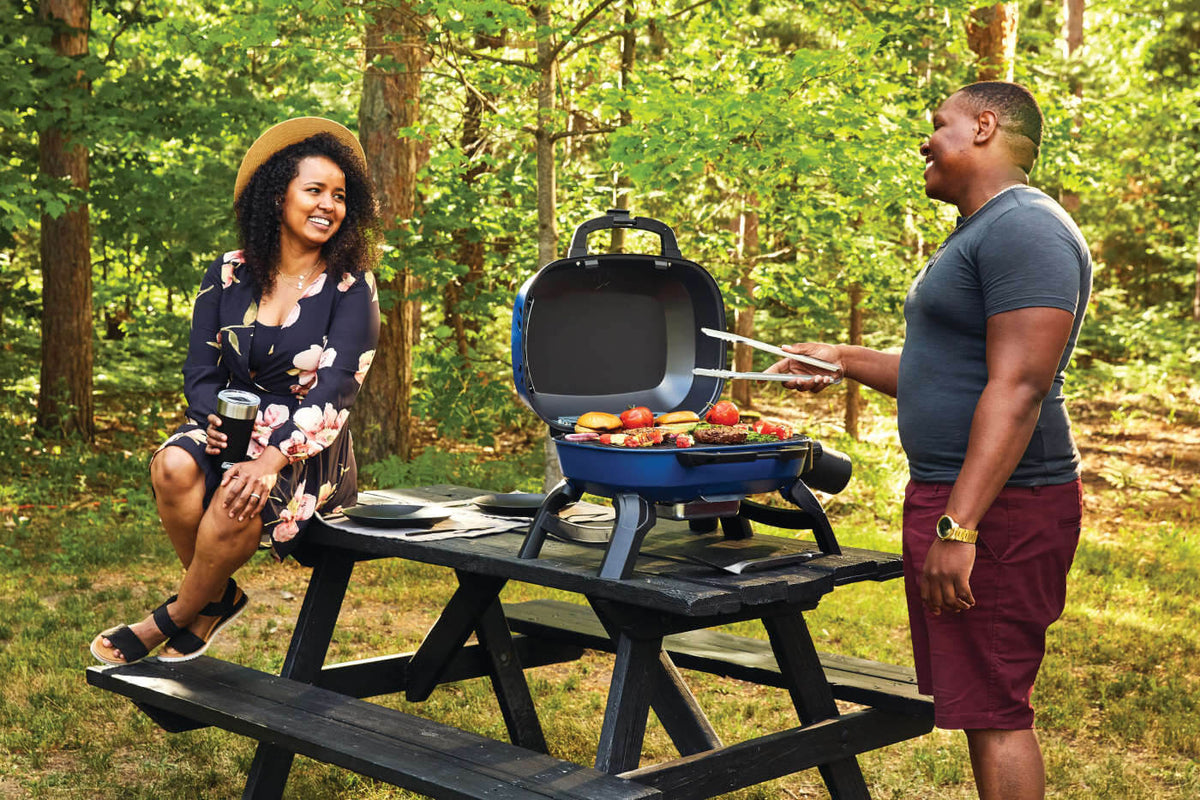 Napoleon TravelQ 240 Portable Propane Grill - Blue - Napoleon portable outdoor grill product and lifestyle image