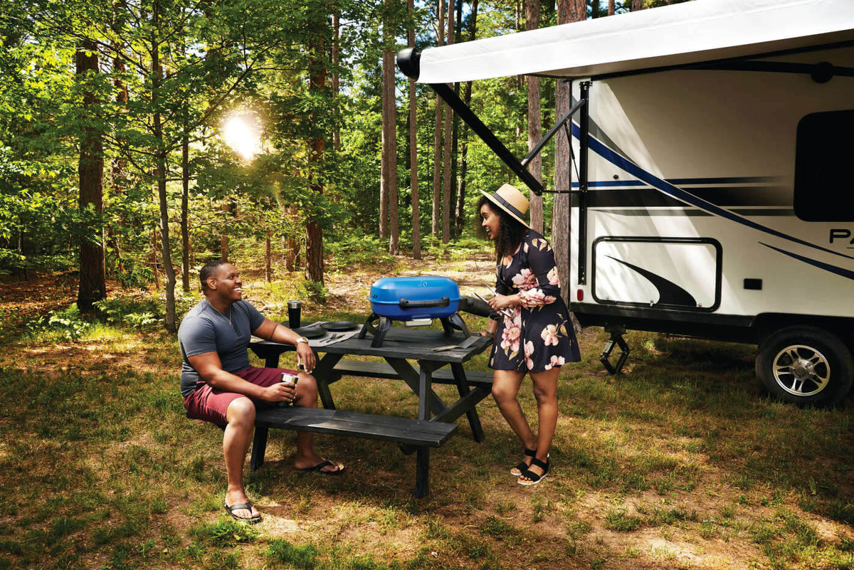 Napoleon TravelQ 240 Portable Propane Grill - Blue - Napoleon portable outdoor grill product and lifestyle image