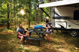 Napoleon TravelQ 240 Portable Propane Grill - Blue - Napoleon portable outdoor grill product and lifestyle image