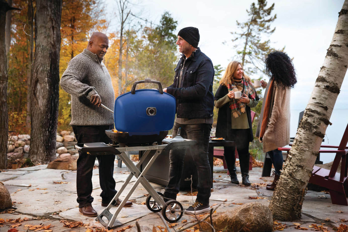Napoleon TravelQ 285X Propane Grill with Scissor Cart - Blue - Napoleon portable outdoor grill product and lifestyle image