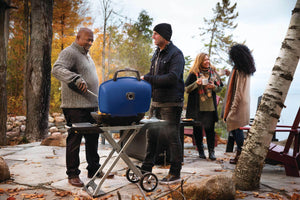 Napoleon TravelQ 285X Propane Grill with Scissor Cart - Blue - Napoleon portable outdoor grill product and lifestyle image