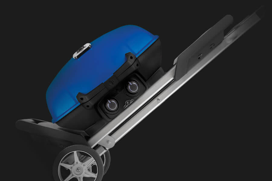 Napoleon TravelQ 285X Propane Grill with Scissor Cart - Blue - Napoleon portable outdoor grill product and lifestyle image