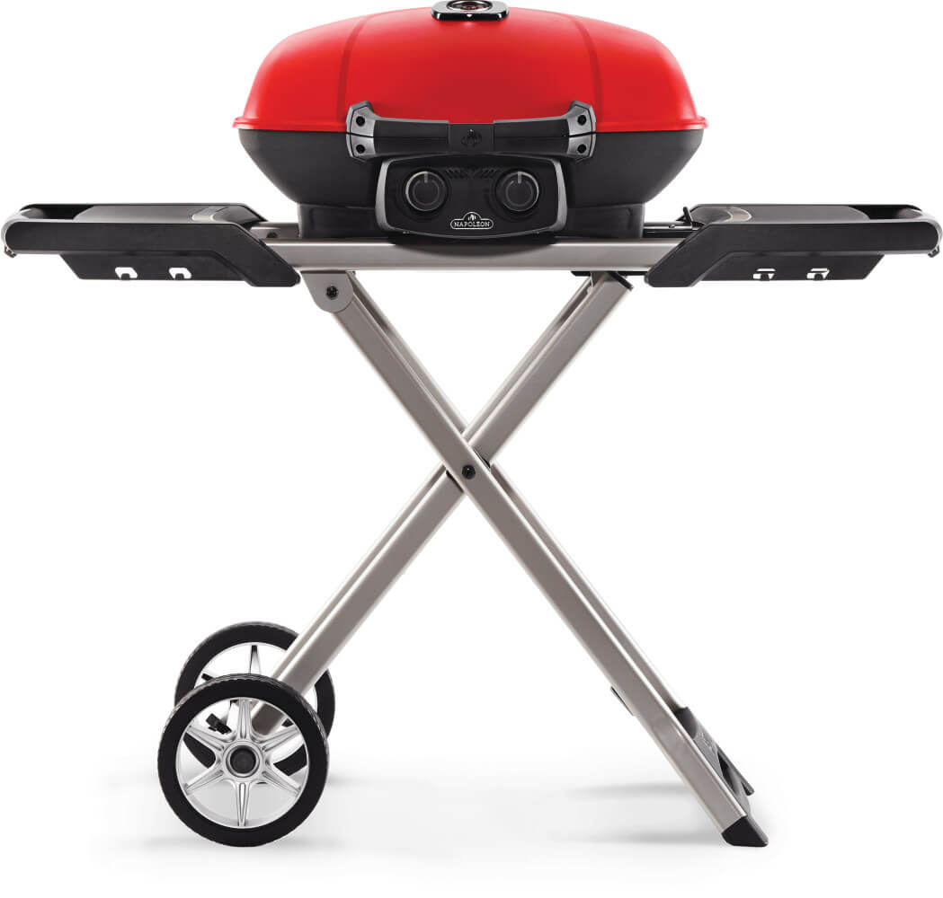 Napoleon TravelQ 285X Propane Grill with Cart & Griddle - Red - Napoleon portable outdoor grill product and lifestyle image