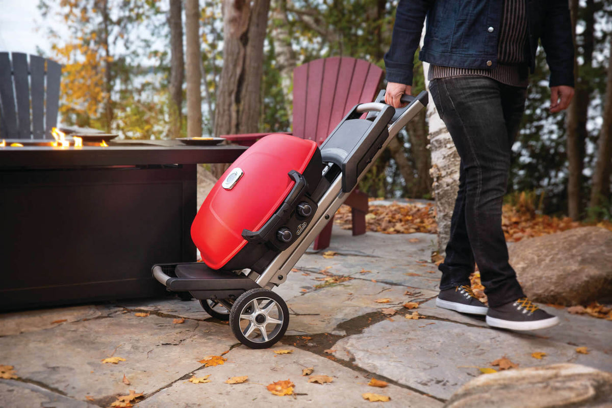 Napoleon TravelQ 285X Propane Grill with Cart & Griddle - Red - Napoleon portable outdoor grill product and lifestyle image