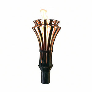 Torch with flames against a green bush background