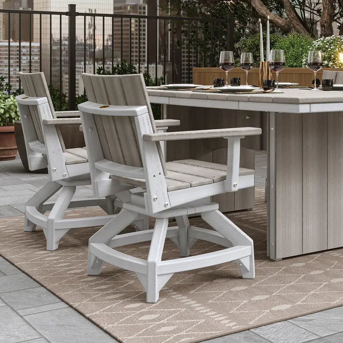 Luxcraft Urban swivel dining chairs around an outdoor table