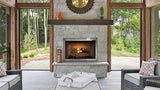 Majestic Vesper outdoor vent-free gas fireplace in a covered patio