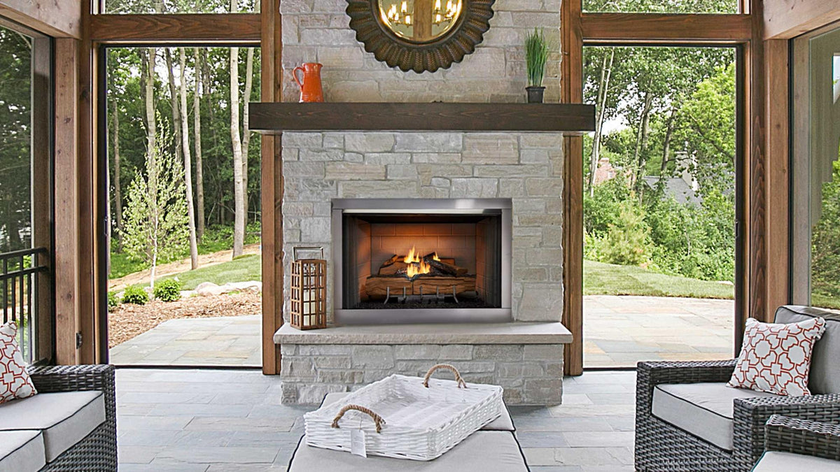 Majestic Vesper outdoor vent-free gas fireplace in a covered patio