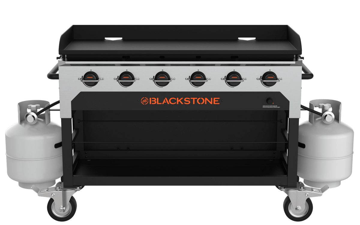 Blackstone 48-Inch Catering Griddle — front view with propane tanks shown, sold separately