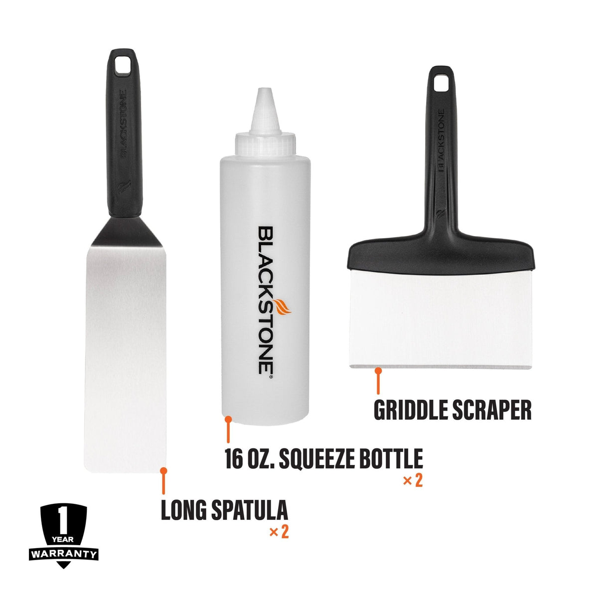 Blackstone Griddle Essentials Toolkit – 5 Piece — spatula, scraper and bottle details