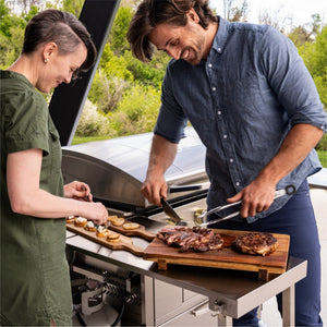 Blackstone Select 36-Inch Griddle with Air Fryer Combo — side tables used for outdoor food preparation