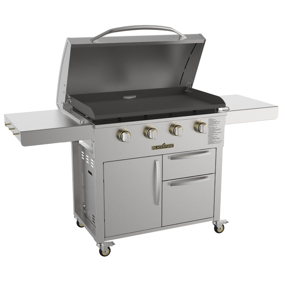 Blackstone Select 36-Inch Griddle with Cabinets — front view with hood open