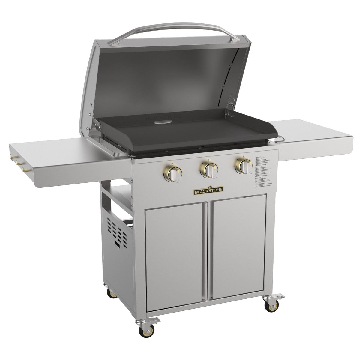 Blackstone Select 28-Inch XL Griddle with Cabinet — front view with hood open