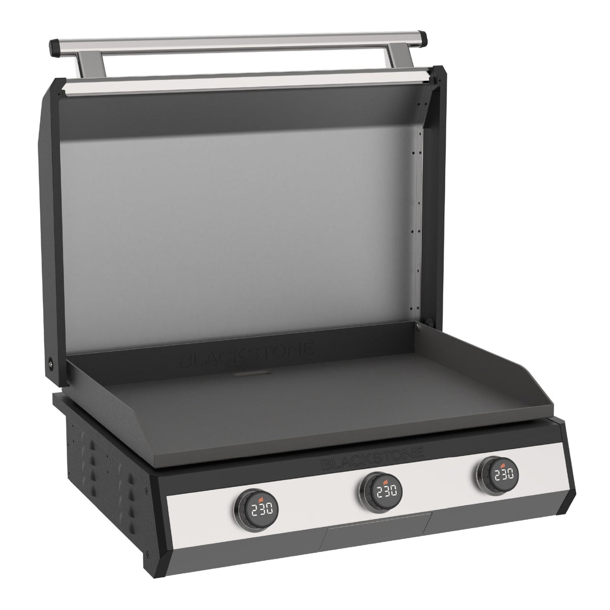 Blackstone 30-Inch Electric Drop-In Griddle — front view with hood open