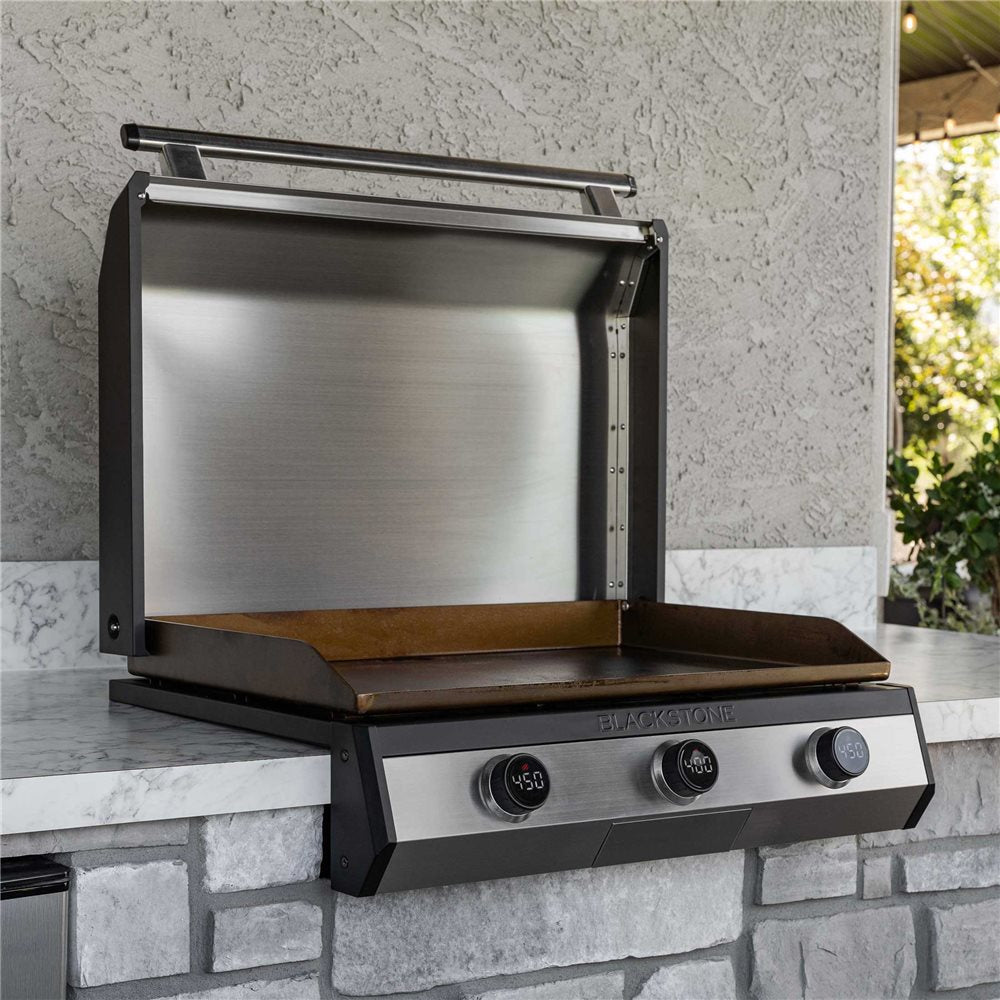 Blackstone 30-Inch Electric Drop-In Griddle — outdoor installation with hood open