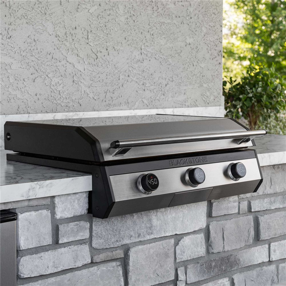 Blackstone 30-Inch Electric Drop-In Griddle — outdoor installation with hood closed
