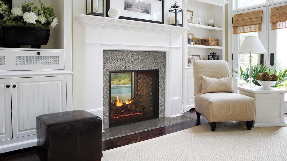 Majestic Fortress see-through gas fireplace, indoor side with herringbone brick
