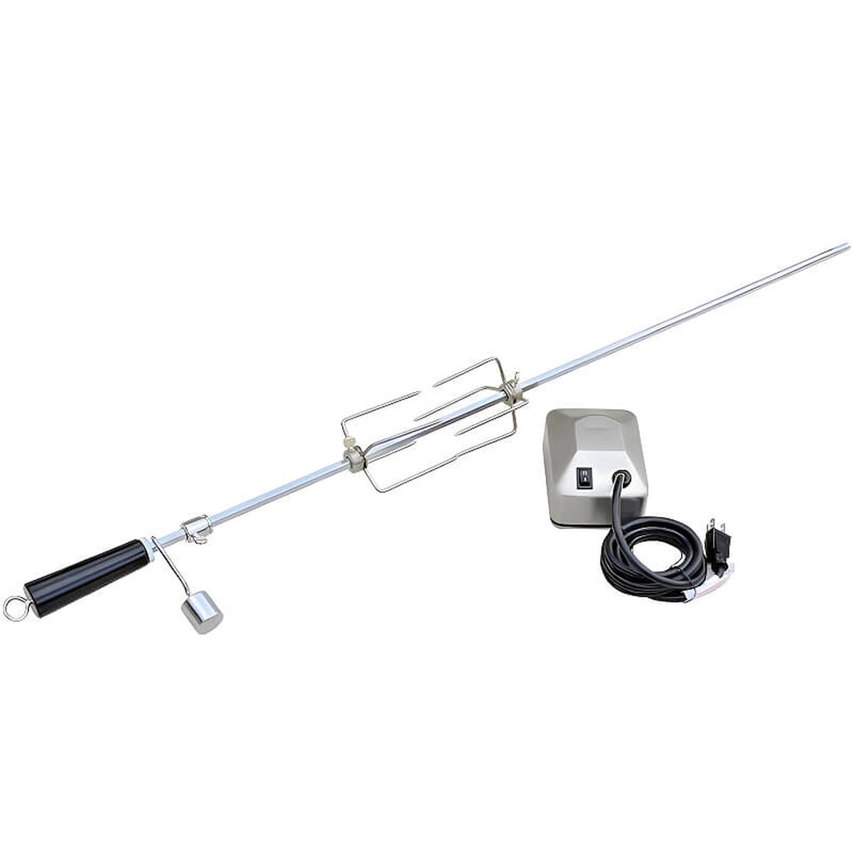 Kokomo rotisserie kit with stainless steel spit rod, forks, counterbalance and electric motor