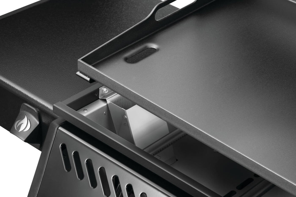 Napoleon Freestyle 24 gas griddle — Grease chute beneath lifted cooktop