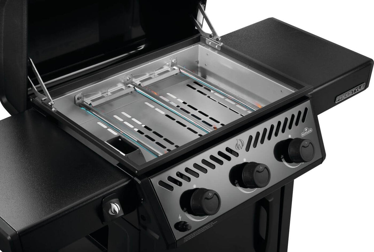 Napoleon Freestyle 24 gas griddle — Three burners beneath removed cooktop