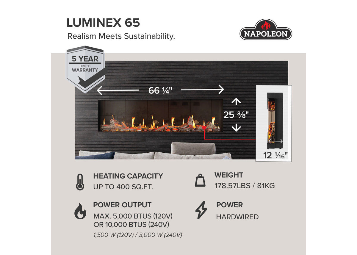Napoleon Luminex 65 dimensions and electrical overview; width shown includes brackets