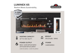 Napoleon Luminex 65 dimensions and electrical overview; width shown includes brackets