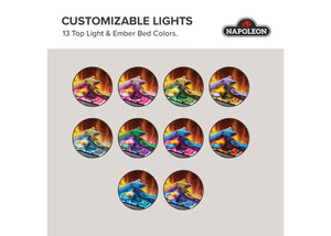 Napoleon Luminex thirteen ember-bed and top-light color options