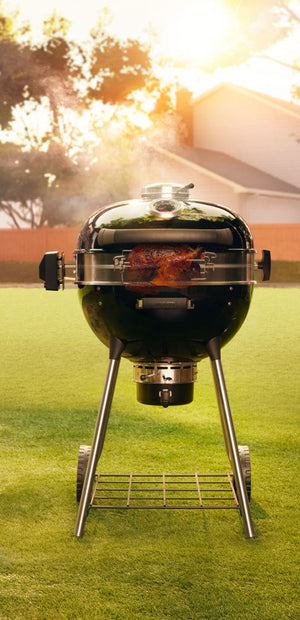 Napoleon PRO22K-LEG-3 black charcoal grill – optional rotisserie shown; sold separately