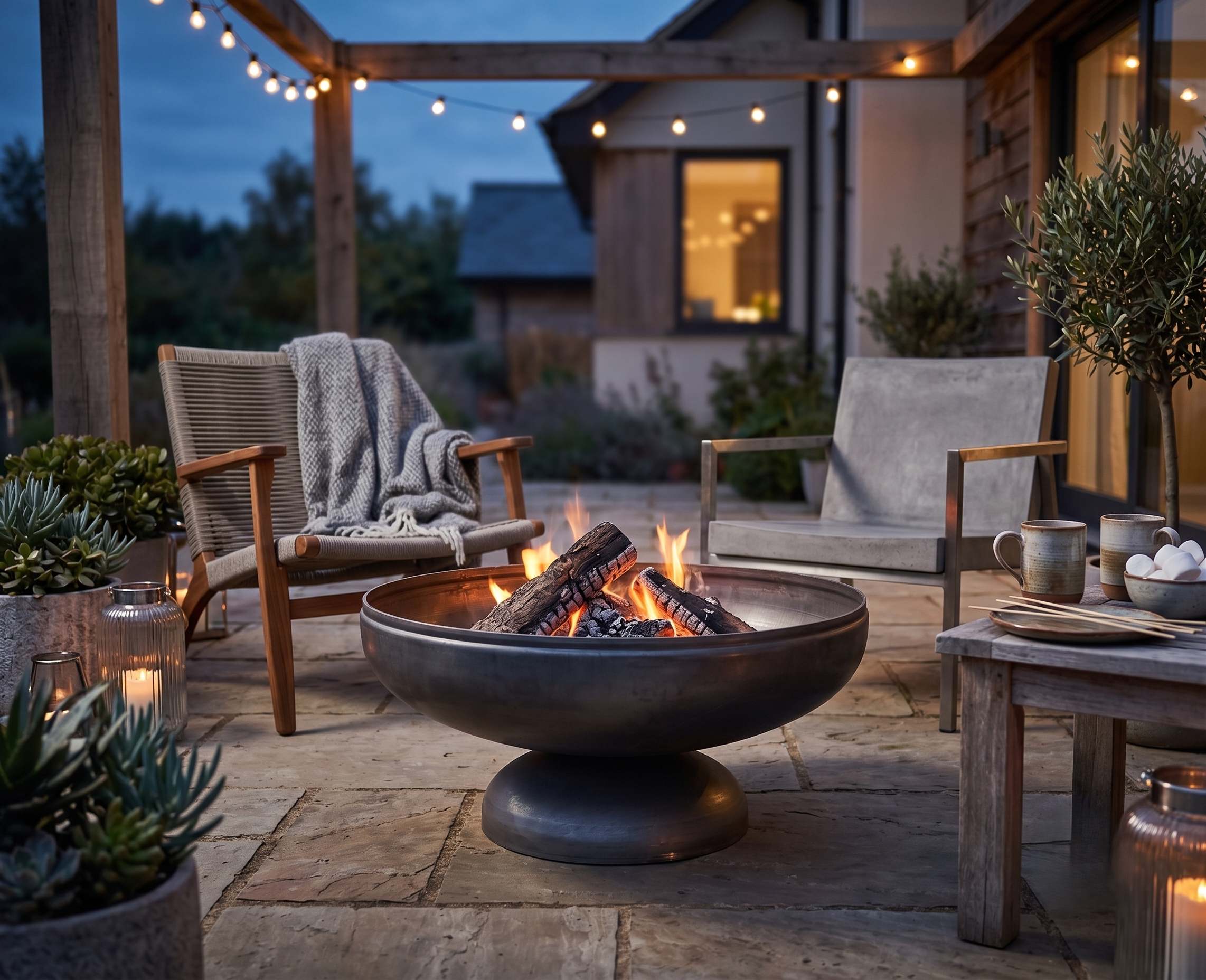 A round dark metal fire pit bowl with logs burning inside, placed on a stone patio in an outdoor patio setting with two lounge chairs, a wooden table, and warm string lights in the background.