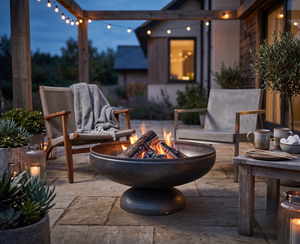 A round dark metal fire pit bowl with logs burning inside, placed on a stone patio in an outdoor patio setting with two lounge chairs, a wooden table, and warm string lights in the background.
